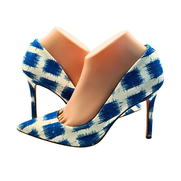 Sam Edelman Pointed Toe High Heel Pumps Size 7.5 Abstract Plaid Print Blue White - Picture 1 of 8